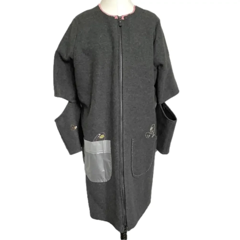 Handmade Gray Wool Elbow Cut-Out Embroidered Mid-Length Coat - 6/8, M, OOAK! - Picture 2 of 14